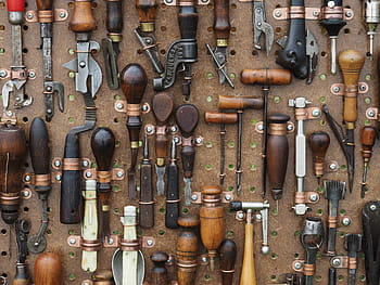 roztříděný, kapesní počítač, nástroj, hnědý, povrch, nástroje, šídlo, kleště, antický, zařízení, práce