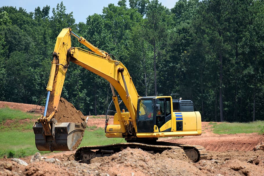 yellow, excavator, excavating, ground, construction site, georgia, usa, landscape, dirt, red clay dirt, construction