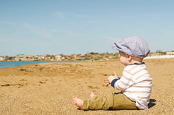 boy, sitting, sand, sea, ocean, water, nature, white, kid, toddler, baby