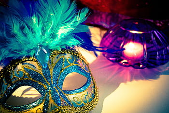 yellow, blue, masquerade, purple, glass candle holder, venetian mask, candle, feathers, mask, carnival, venice