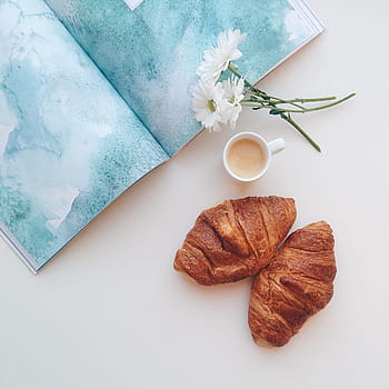 croissanty, káva espresso, Domov, relaxační, káva, espresso, doma, rohlík, dezert, napít se, pohled shora