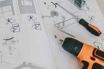instrukce, nábytek, montáž, nástroje, stavět, chrom, detailní, sbírka, dokumentů, vrtat, garáž
