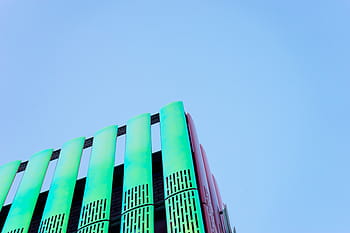 nízký, úhlové fotografování, zelená, Červené, budova, architektura, infrastruktura, design, modrý, nebe