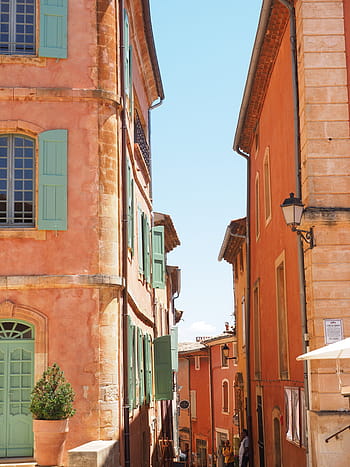 two, orange, houses, blue, sky, roussillon, community, village, village core, road, alley