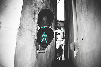 tersempit, Hijau, Lampu Lalu Lintas, Berjalan, Sinyal, Praha, Jalan, arsitektur, hitam dan putih, bw, lampu hijau