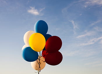 Gelb, Blau, kastanienbraun, Luftballons, bunt, Ballon, Wolken, Himmel, Luft, mehrfarbig, Spaß