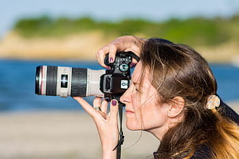 woman, holding, black, grey, dslr camera, taking, pictures, lens, photography, canon, photographer