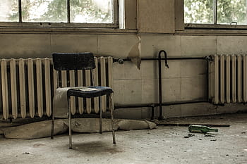 stainless, steel chair, radiator heater, lost places, chair, abandoned, old, broken, radiator, window, bottle