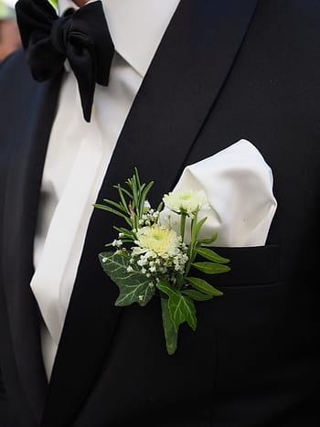 closeup, white, green, flowers, tuxedo, groom, floral decorations, lapel, man, flower, fly