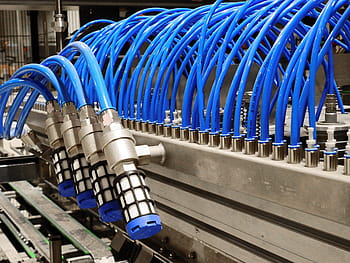 modré kabely, pneumatické, stlačený vzduch, řízení, festo, anlagentechnik, průmysl, hadice, potrubí, rostlina, stroj
