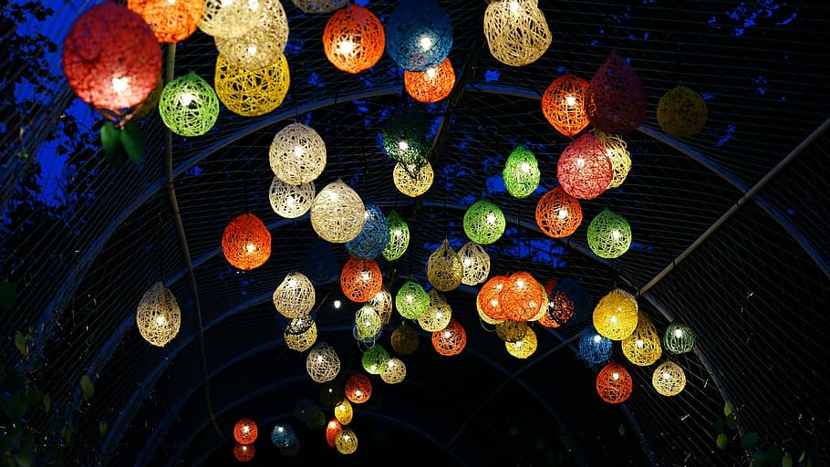 assorted-color wicker lanterns, multicolored, ceiling, lanterns, nami, nami country, lantern, night view, in the evening light, congratulations, colorful