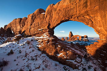 fotografia, formazione rocciosa, giorno, arco della torretta, la neve, inverno, arenaria, geologia, paesaggio, panoramico, roccia