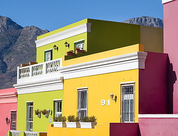 yellow, green, red, painting walls, bo-kaap homes, bokaap, cape town, wale street, architecture, building, houses