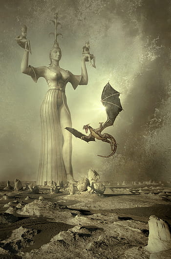 drak, létající, socha ilustrace, fantazie, obal knihy, krajina, kamenné pouště, socha, Draci, mystický, tajemný
