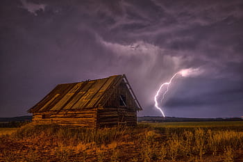 lightning near house, barn, lightning, bolt, storm, thunderstorm, clouds, night, shack, ranch, wood