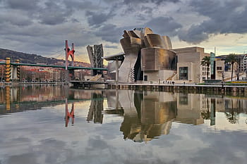 Dům, tělo, voda, muzeum, guggenheim, bilbao, zdůrazňuje, architektura, zrcadlo, ria, nervion