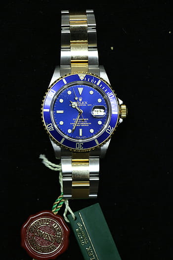 analogico rotondo rolex color argento, orologio, banda di collegamento, orologio da polso, rolex, guarda, submariner, rolex, blu, tempo, quadrante, sfondo nero