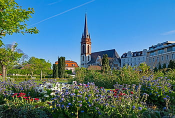 princ, zahrada, darmstadt, hesse, prince george's-garden, Německo, jaro, Zajímavosti, architektura, květiny, kostel