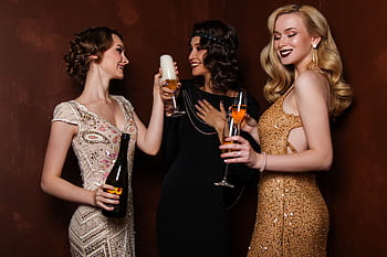 three, woman, holding, clear, wine glasses, blonde, hair, glitter, glamour, luxury, people
