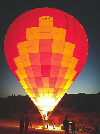 group, people, looking, red, yellow, hot, air balloon, lighting, air, balloon, hot air balloon