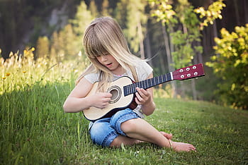 girl, playing, beige, guitar, person, human, child, blond, music, play guitar, nature