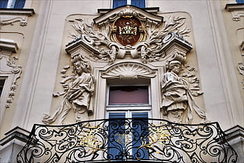 black steel railings, balcony, the window, decorating, architecture, the art of, sculpture, style, coat of arms, crown, building