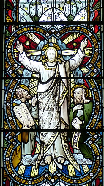 jesus christ, stained, glass, church, window, church window, jesus, transfiguration, moses, elias, prophet