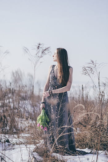 woman, holding, bouquet, flowers, brown, grass, daytime, people, fashion, model, dress