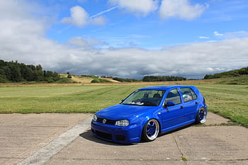 รถ, VW, กอล์ฟ, สีน้ำเงิน, ที่จอดรถ