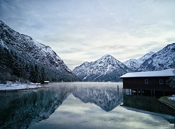 mountain, covered, snow, house, body, water, near, daytime, sky, clouds, lake