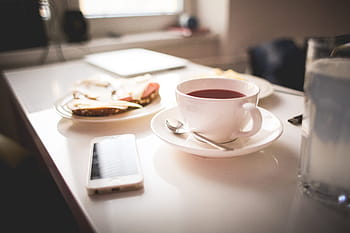 pagi kantor, Baik, Kantor, Pagi, Teh, iphone, cangkir, sarapan, kopi - Minuman, makanan, meja