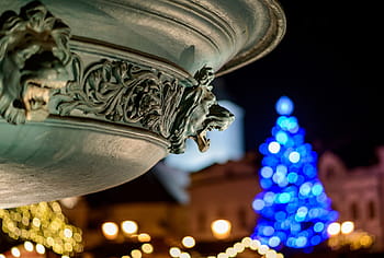 bokeh, christmas decoration, light blue, yellow, christmas tree, statue