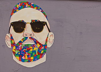man, wearing, black, sunglasses painting, sunglasses, assorted, color, hair, artwork, graffiti, mural