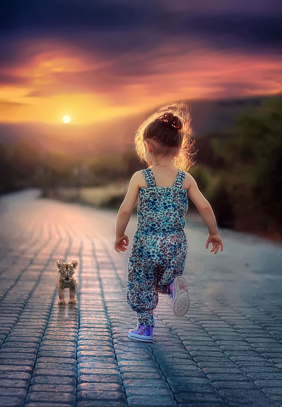 girl, wearing, blue, black, leopard pattern overalls, running, toward, leopard cub, child, children, happy