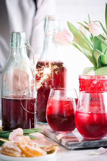 two, glass cups, filled, beverage, board, flower, pink, petal, bloom, garden, plant