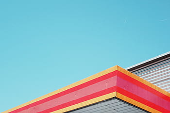 red, pink, yellow, wooden, board, roof, gutter, structure, sky, architecture, blue