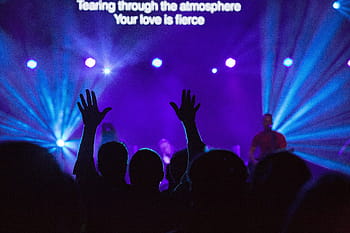 group, people, standing, front, stage, concert, singer, singing, lights, spotlight, rock