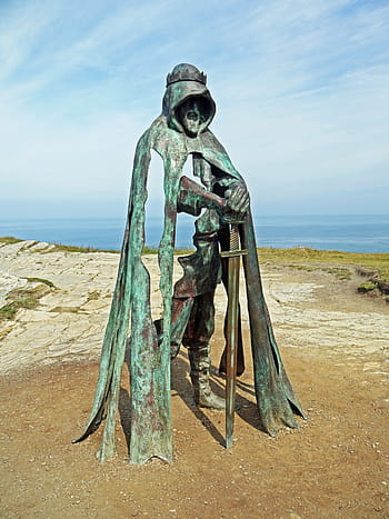 uomo, detenzione, statua della spada, giorno, re, Artus, metallo, scultura, bronzo, Excalibur, castello di tintagel