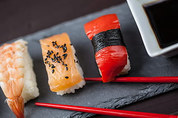 kousky sushi, sloužil, břidlice, čerstvý, sushi, kousky, jídlo pití, jídlo, plody moře, Japonsko, japonská kultura