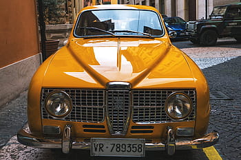 starý, žlutá, saab auto, klasický, saab, auto, městský, ulice, přeprava, retro stylu, staromódní