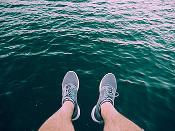 person, wearing, gray, low-top shoes, sea, ocean, water, wave, nature, legs, shoe