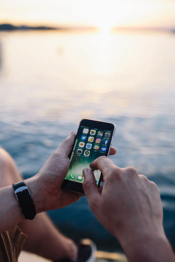 モバイル、 電話、 男、 手、 海、 携帯電話、 白人、 夏、 水、 技術、 iphone