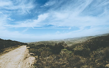 blue, sky, clouds, country, road, bushes, grass, hills, mountains, nature