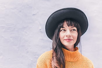 donna, indossare, a maglia, arancia, superiore, nero, cappello, cappello nero, persone, pigro, giallo
