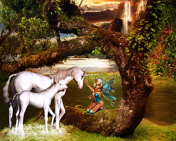 woman, blue, wing, holding, face, white, horse illustration, fantasy, unicorn, fee, fairy tales