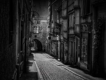 Černá, bílý, malování, alej, silnice, město, zpevněné, staré Město, Černá bílá, vazník, architektura
