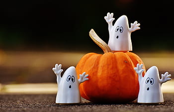 three, plastic ghost, pumpkin, halloween, ghosts, happy halloween, ghost, autumn, october, mood, cute