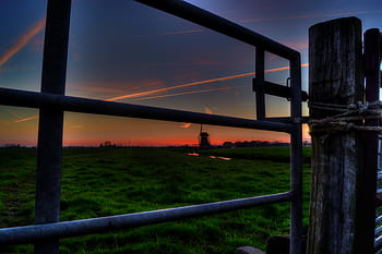 fence, gate, post, fields, rural, country, sky, sunset