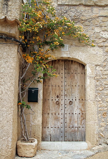 mallorca, dveře, architektura, starý, rustikální, fasáda, dřevo