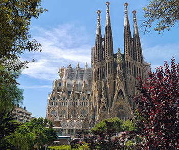 hnědý, beton, hrad, obklopen, stromy, sagrada família, katedrála, architektura, památník, barcelona, pierre